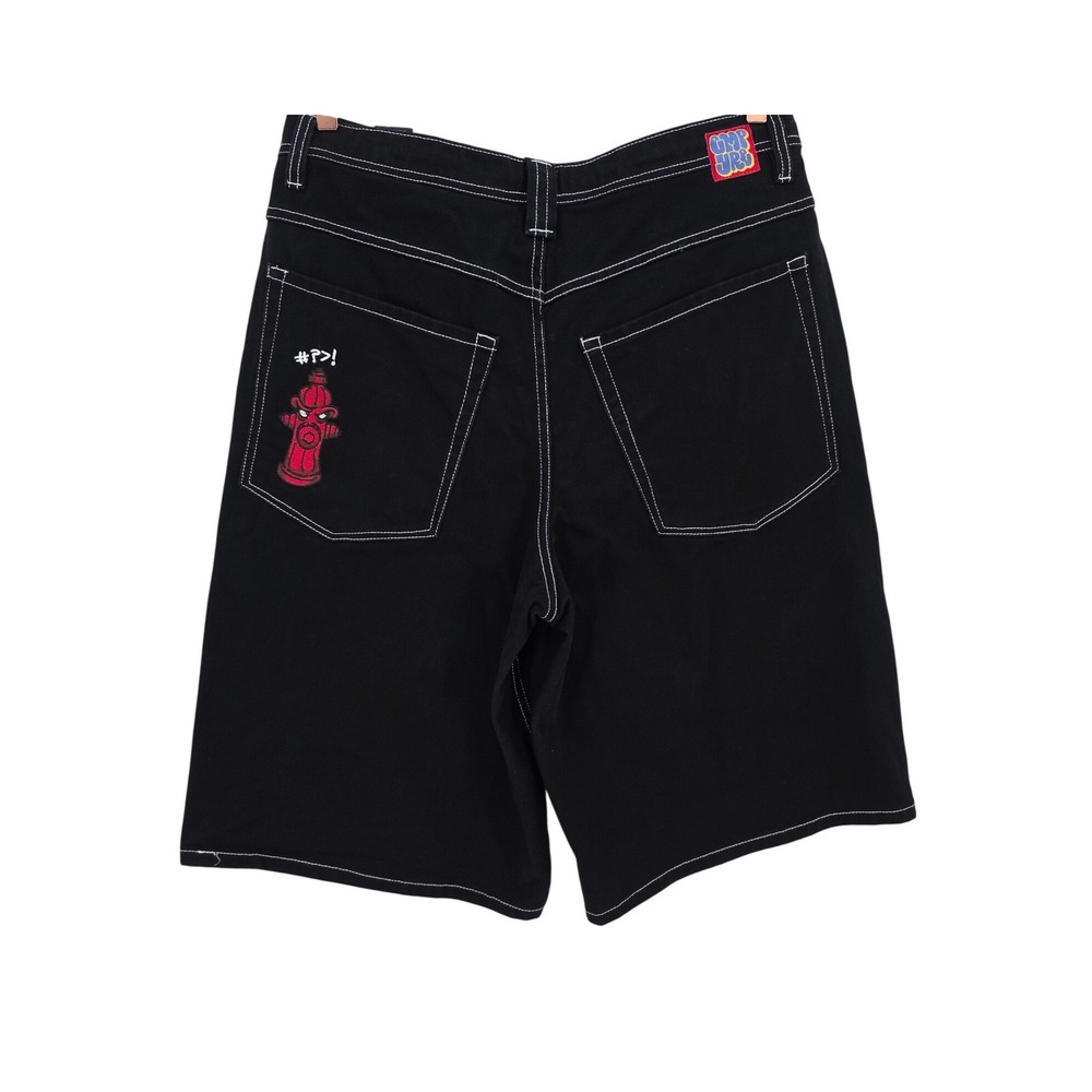 Empyre Mens 32 Black Ultra Loose Denim Skate Shorts Fire Hydrant Patch